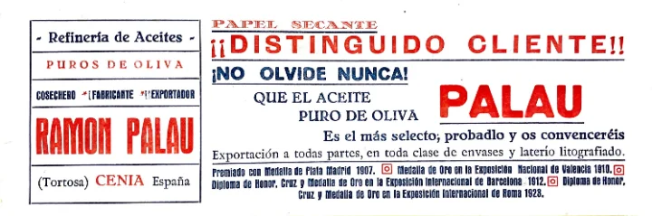 Papel secante publicitario antiguo del aceite Palau con la lista de medallas y diplomas