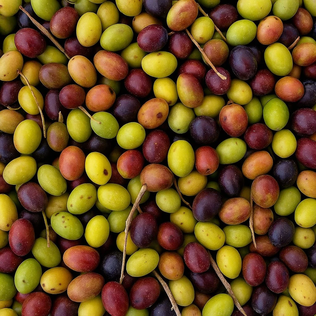 Aceitunas de colores verde, amarillo, rojizo y morado
