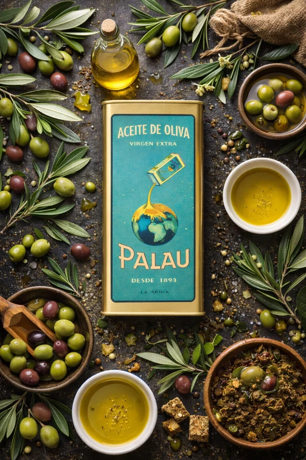 Lata de aceite de oliva Palau rodeada de aceitunas, ramas de olivo y cuencos de aceite